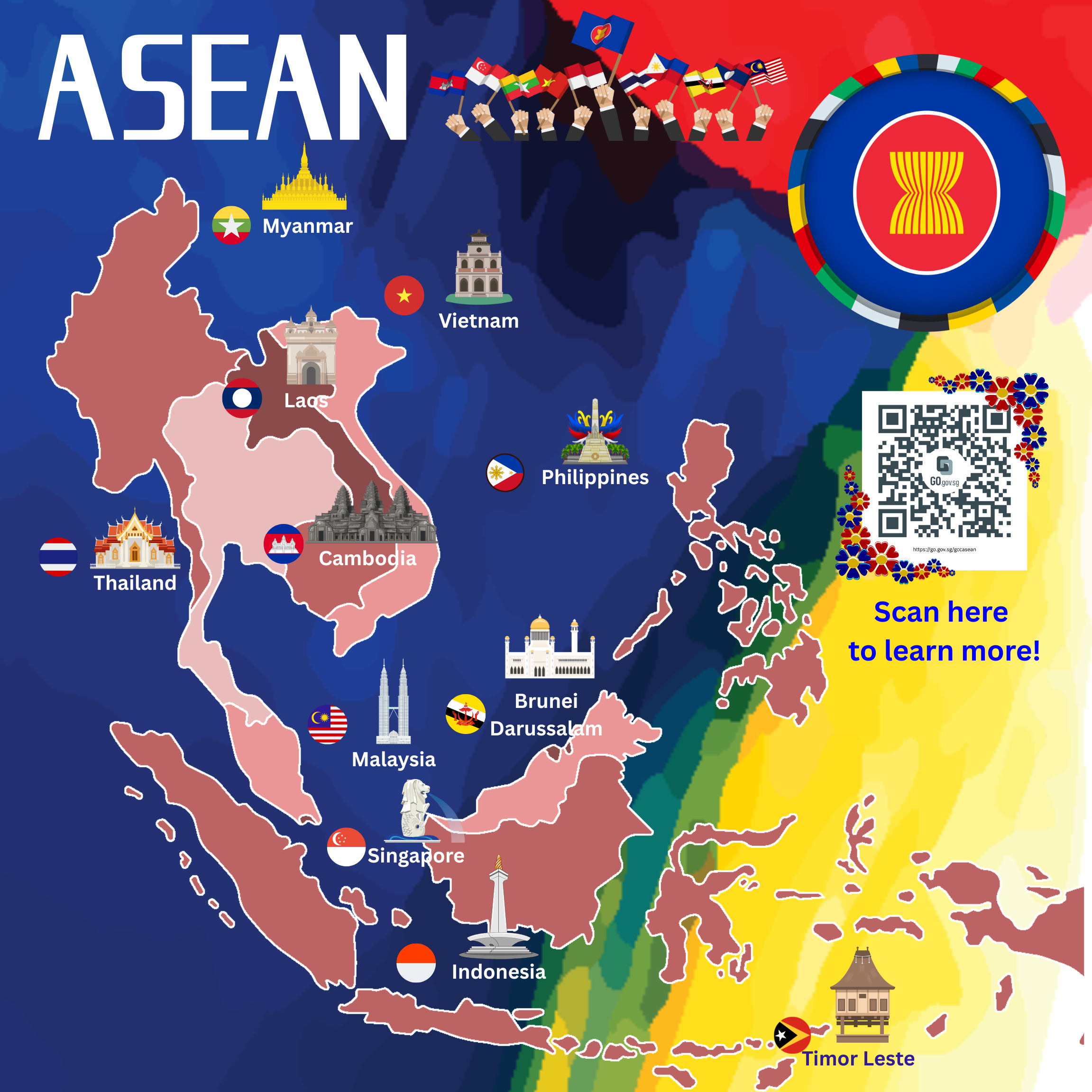 Colorful ASEAN map showing Southeast Asian countries with flags, landmarks, and a QR code to learn more.