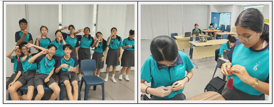 Students in teal uniforms pose together on the left, while two students work on a craft activity on the right.