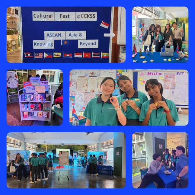 Collage of students at Cultural Fest at CCKSS celebrating ASEAN, Asia and Beyond with displays and activities.