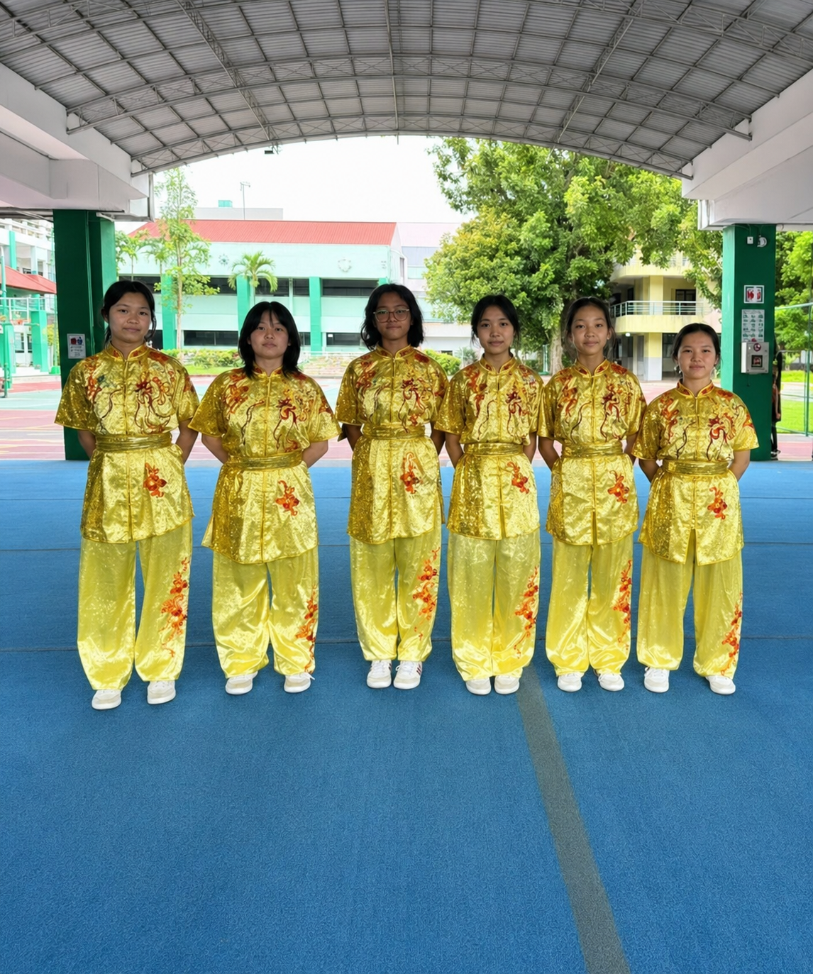6 girls in yellow wushu costume