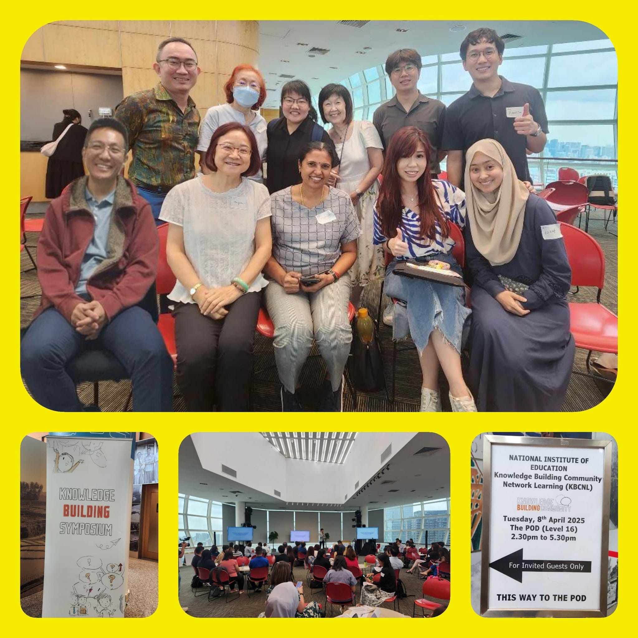 Group photo and event signage from the NIE Knowledge Building Symposium held on 8 April 2025.