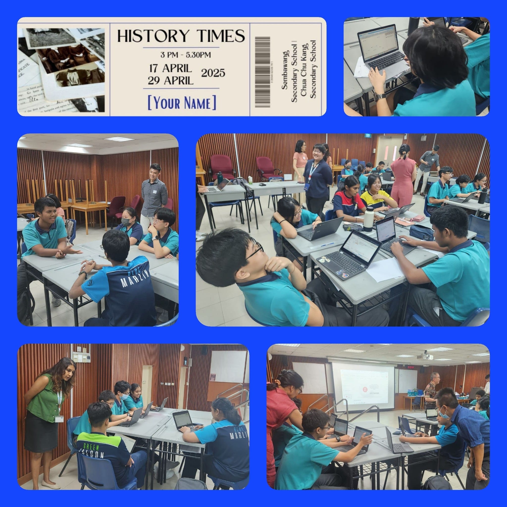 Collage of students in teal uniforms using laptops at tables, with a History Times event ticket for April 2025.