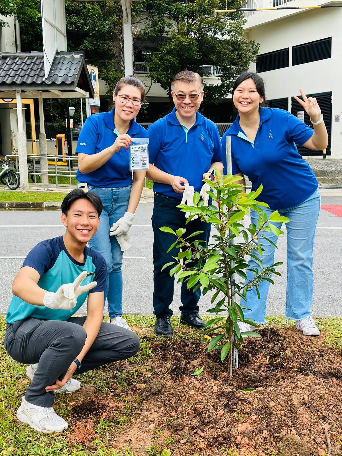 Four smiling people in blue shirts pose around a freshly planted small tree in soil near a road.