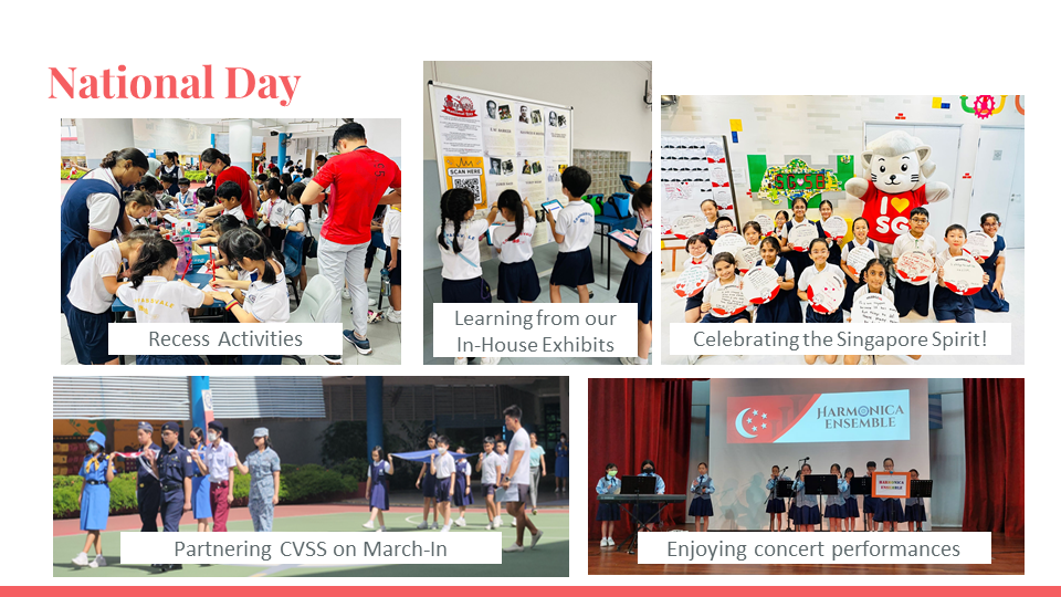 Five photos of school National Day events including recess activities, exhibits, a mascot photo, march-in, and a harmonica concert.