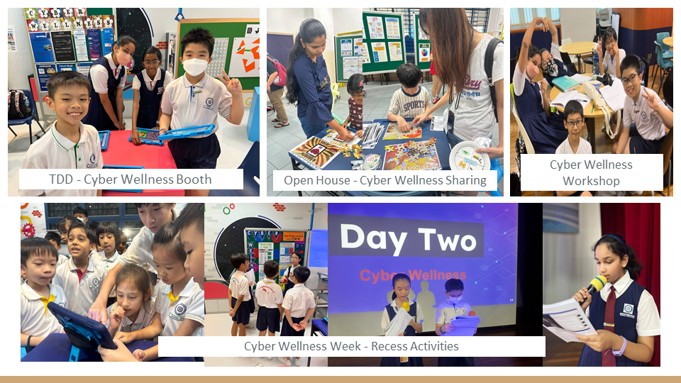 Collage of school students participating in Cyber Wellness Week activities including booths, workshops, and presentations.