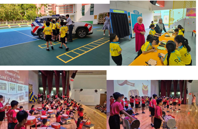 Four scenes show children in yellow uniforms near a police car, at a table activity, and groups drumming indoors.