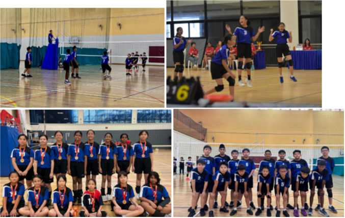 Four photos of youth volleyball teams in blue uniforms playing and posing with medals in an indoor court.