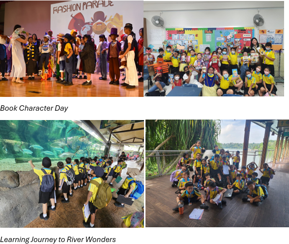 Four school event photos showing Book Character Day costume parade and students on a Learning Journey to River Wonders.