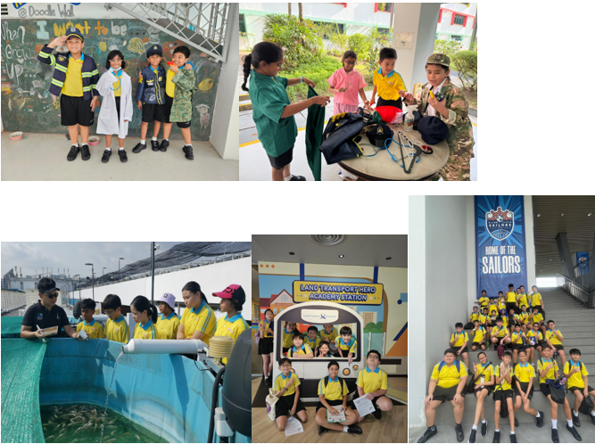 Four school activity scenes: kids in costumes, exploring gear, viewing a fish tank, posing at a transport station, and group photo.