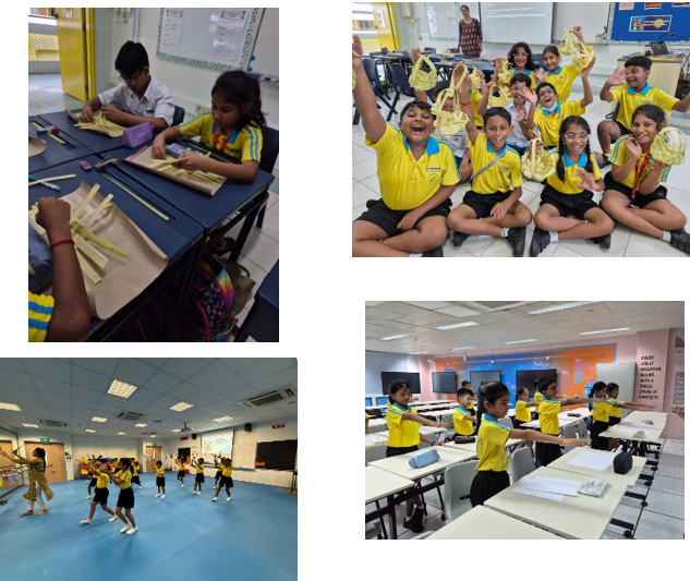 Students in yellow uniforms doing crafts, posing with projects, dancing, and stretching in classrooms.