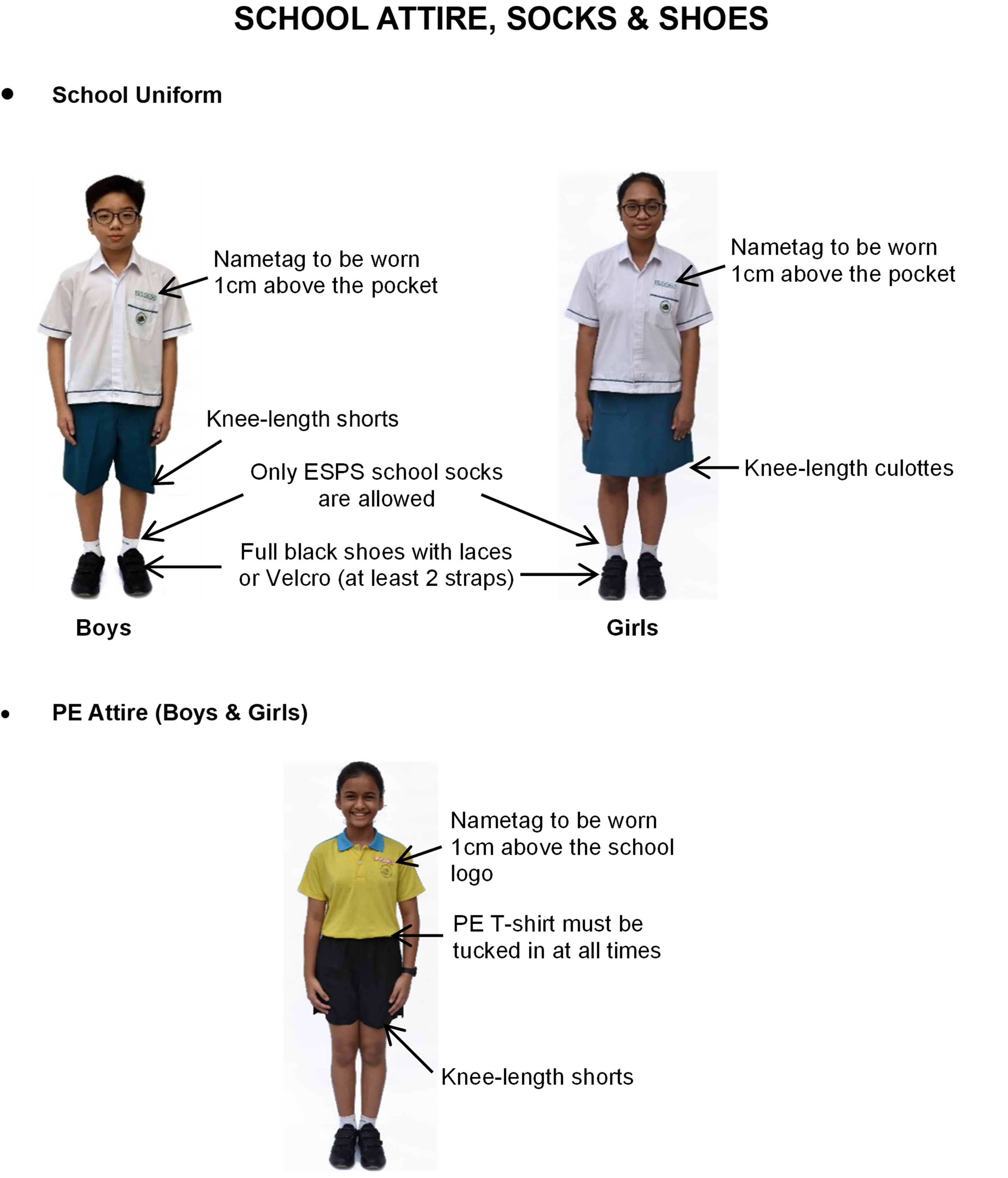 An infographic showing school attire guidelines. For the school uniform, boys wear a white shirt with knee-length teal shorts, while girls wear a white shirt with knee-length teal culottes. Both wear white ESPS school socks, full black shoes, and a nametag placed 1cm above the pocket. For PE attire, both boys and girls wear a yellow polo T-shirt tucked in at all times, knee-length black shorts, and a nametag placed 1cm above the school logo.