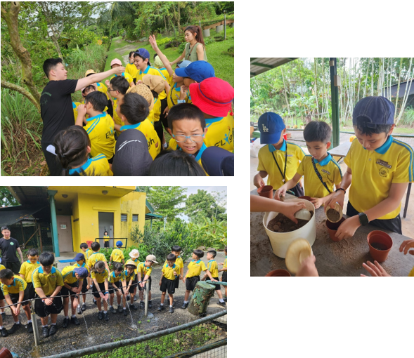Children in yellow uniforms doing outdoor activities: group gathering, planting in pots, and observing a water feature.