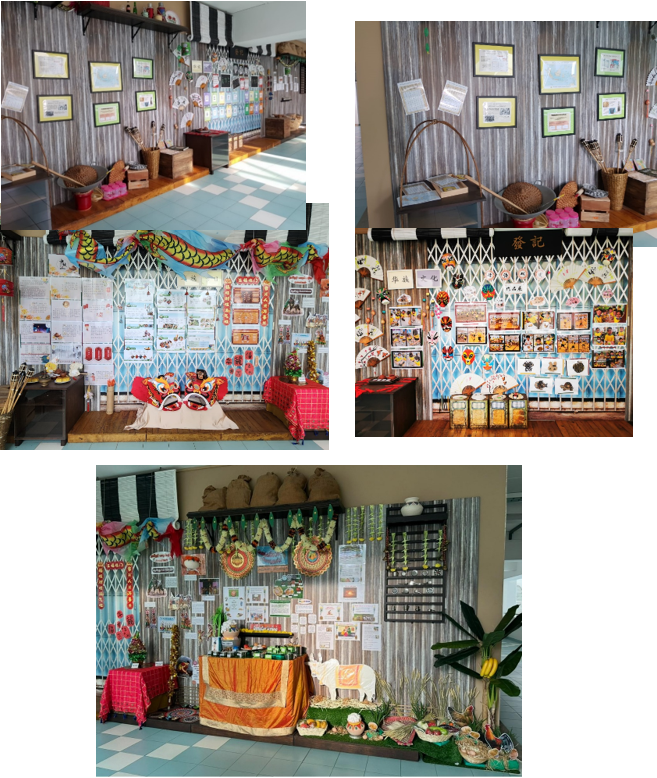 Five photos showing colorful cultural exhibition displays with framed posters, decorations, dragon motifs, and traditional artifacts.