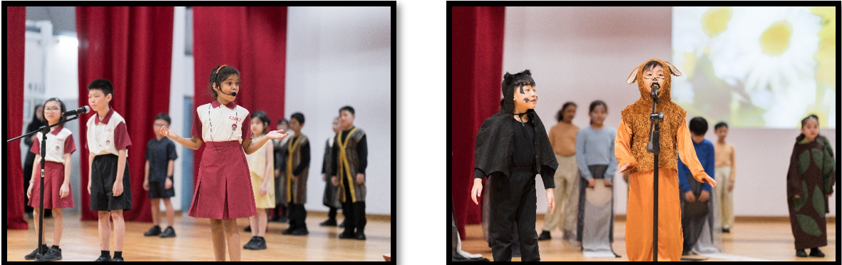Primary 4 students presenting their class musical at the E.D.G.E. Showcase. Every student participates; Nobody gets left behind.