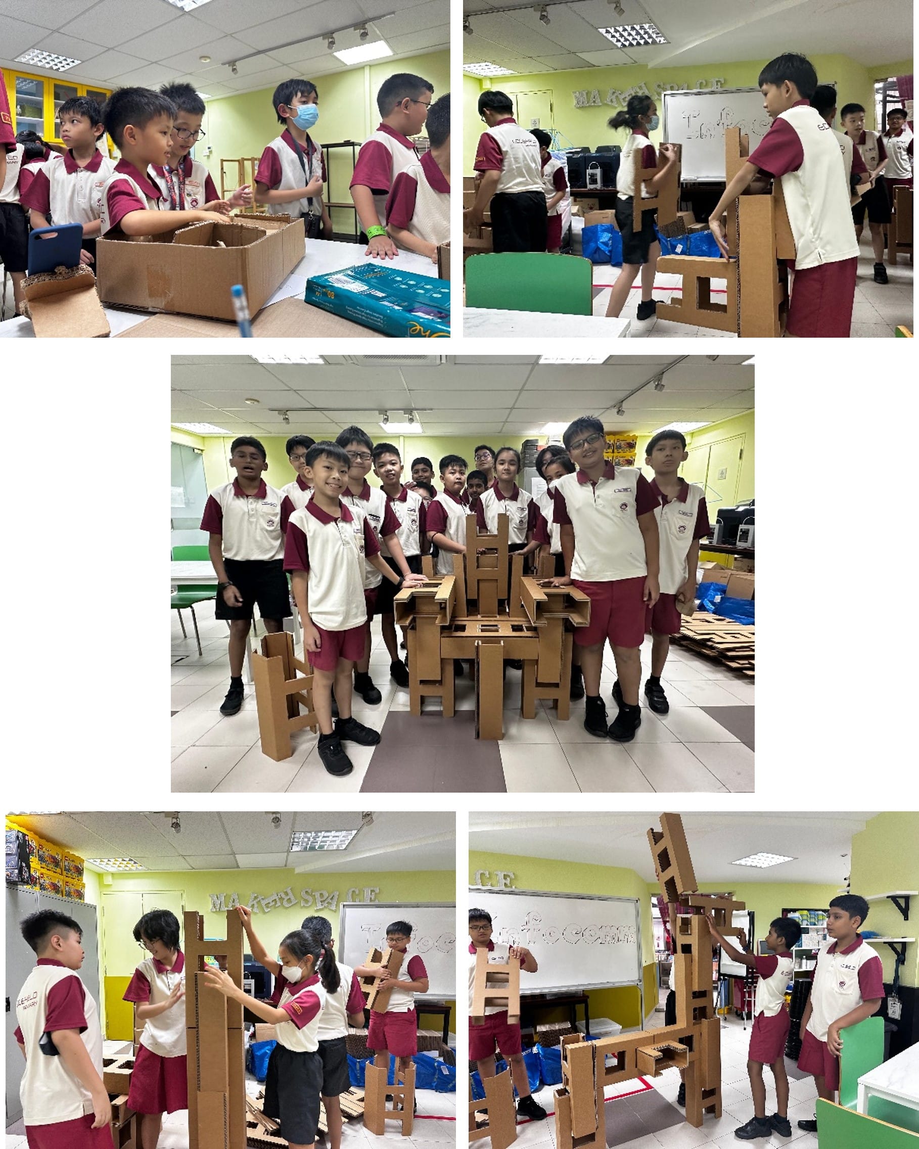 Primary school students in uniforms build and display cardboard furniture structures in a makerspace classroom.