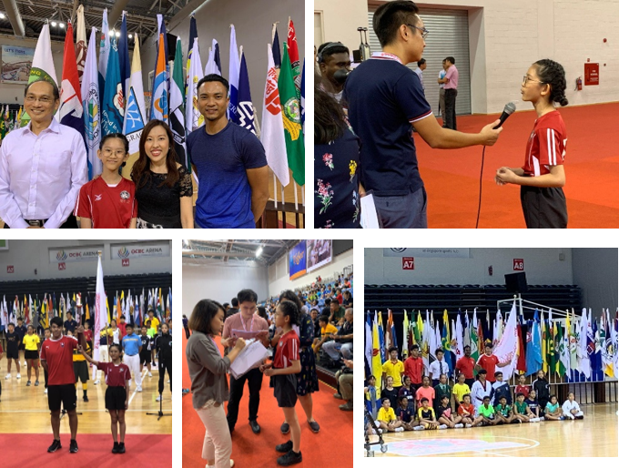 Five photos from an indoor sports event showing group poses, an interview, and participants with colorful flags displayed.