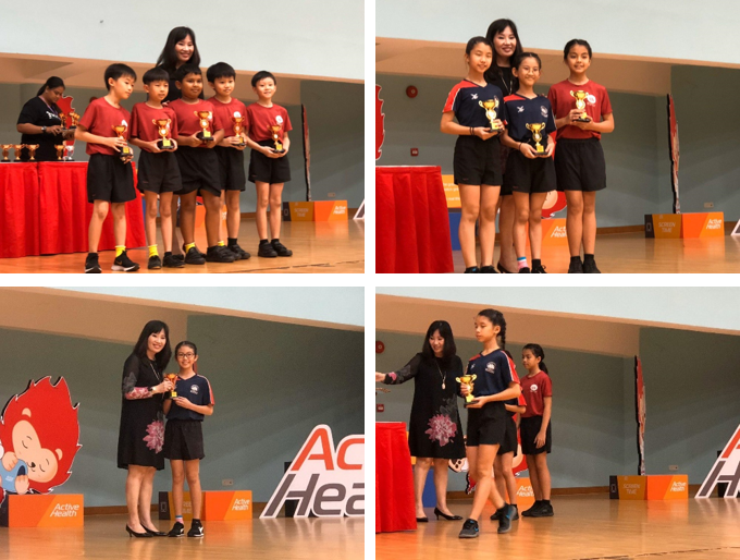 Four photos of students receiving gold trophies from adults at an Active Health school awards ceremony.