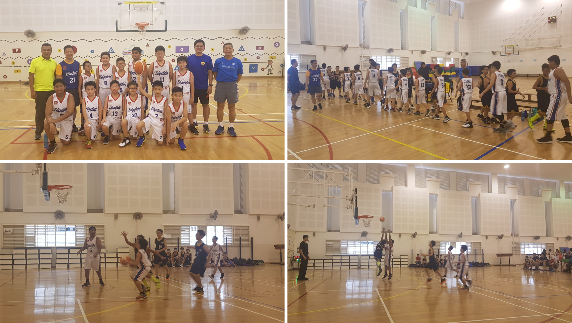Four-panel collage of youth basketball: team photo, handshake line, dribbling, and a jump shot in a gym.