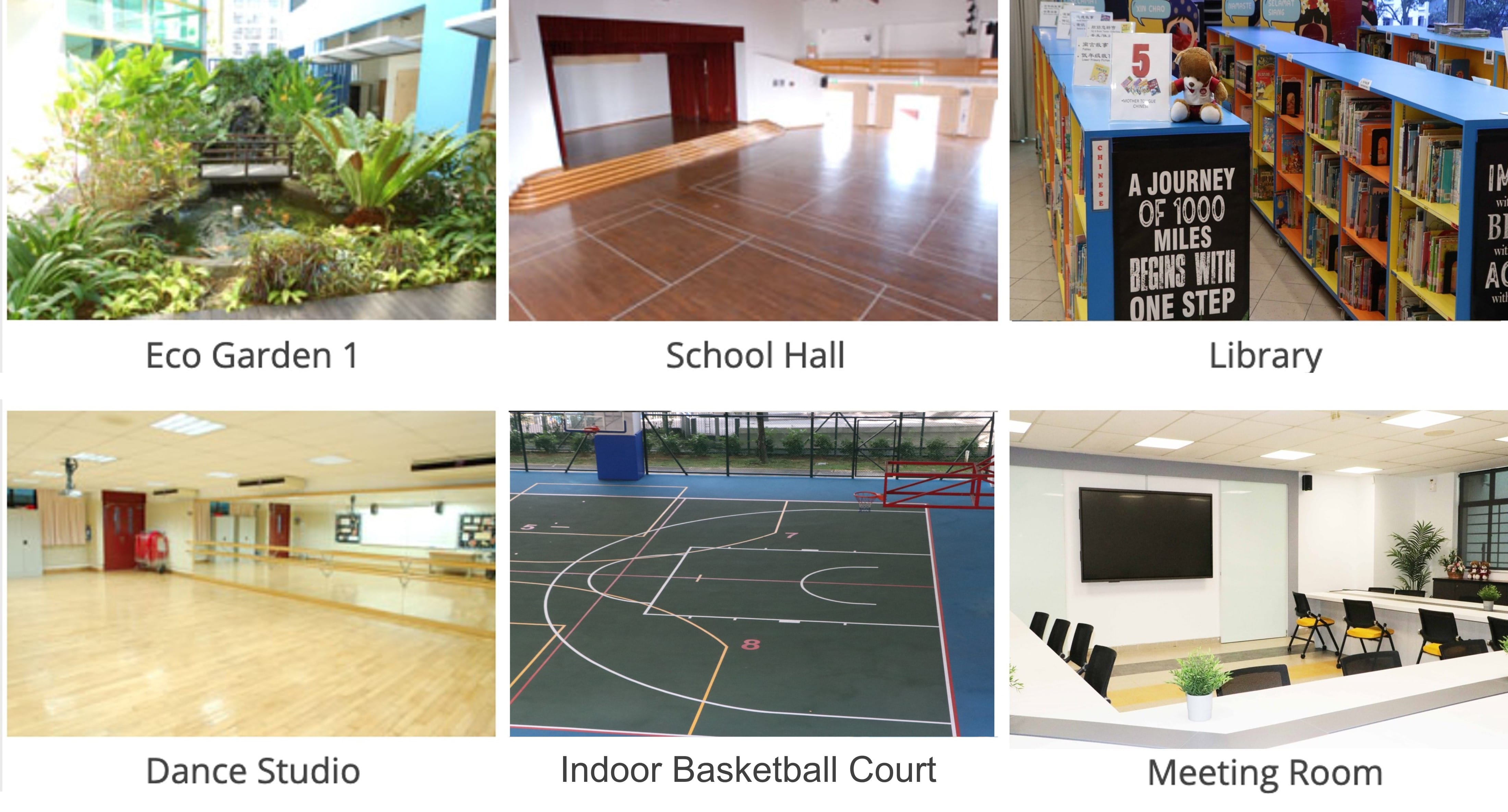 Six school facilities: eco garden, hall, library, dance studio, basketball court, and meeting room.