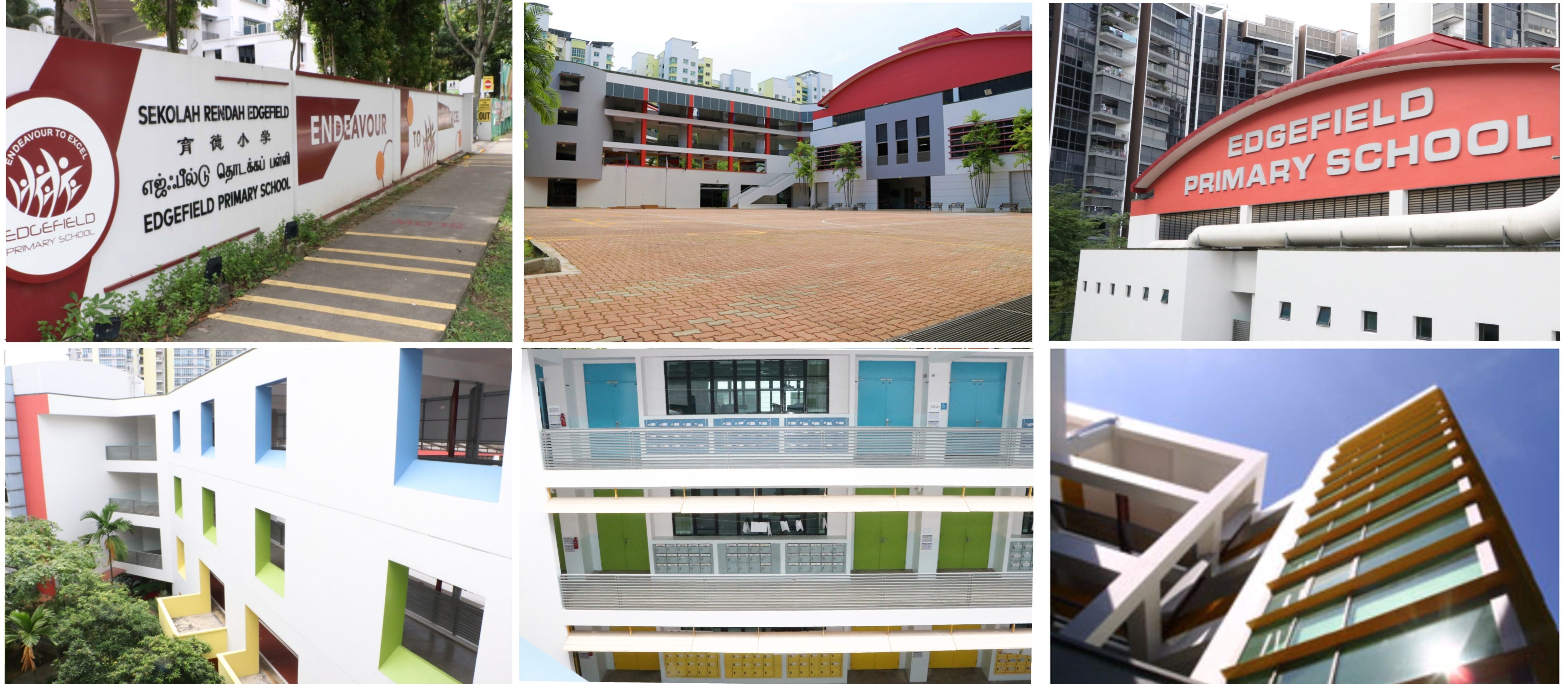 Six photos of Edgefield Primary School showing its entrance sign, brick courtyard, red facade, and colorful building corridors.