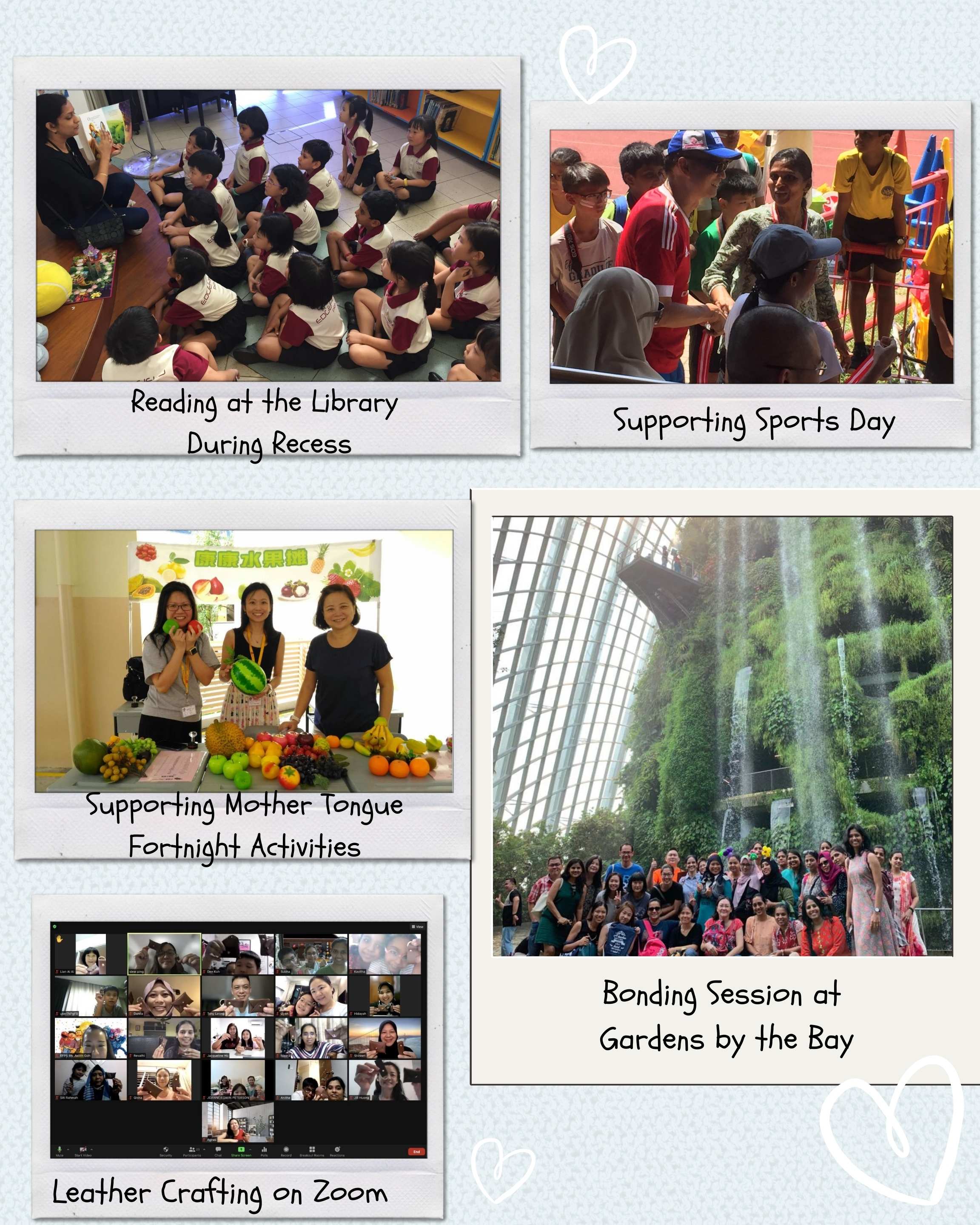 Five school activity photos: library reading, sports day, fruit display, a Gardens by the Bay group photo, and a Zoom craft session.