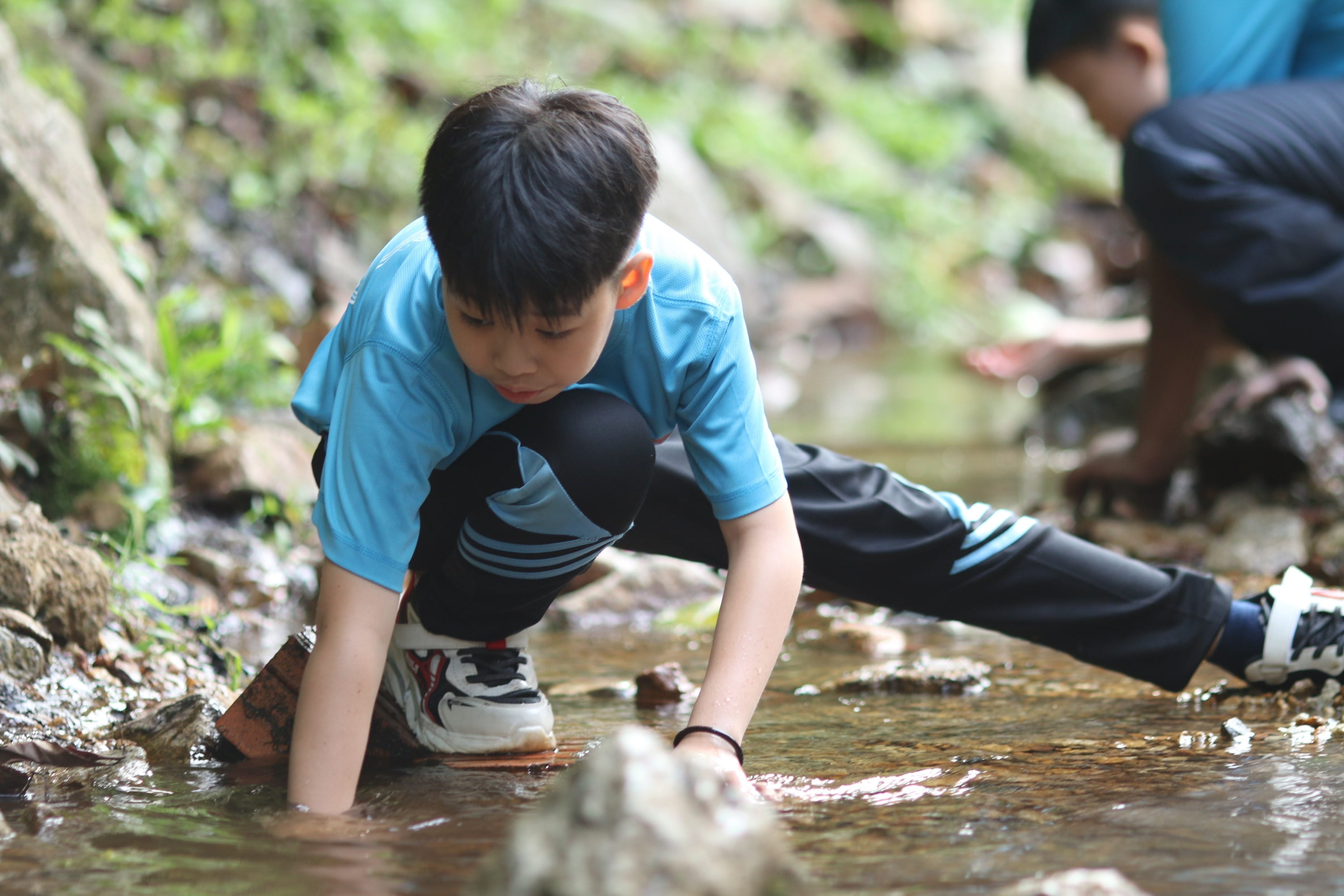 A boy in a blue shirt crouches over a shallow rocky stream, reaching into the water with his hand.