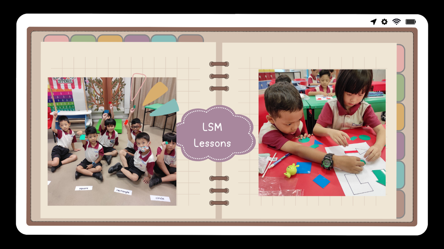 Scrapbook page labeled LSM Lessons showing young students learning shapes with colorful cutouts in a classroom.