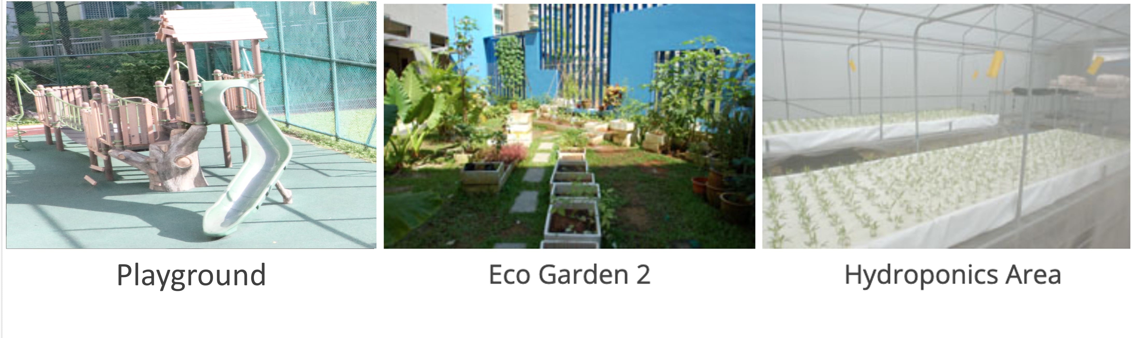 Three school facilities: a wooden playground with slide, an outdoor eco garden with raised beds, and an indoor hydroponics area.