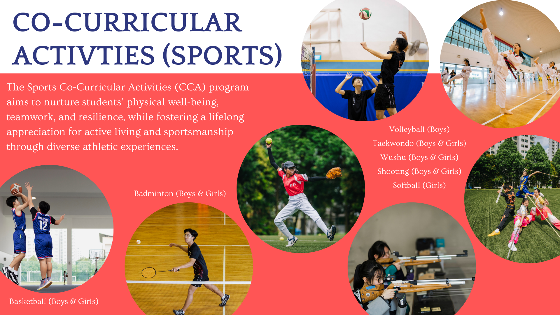 Flyer for school Sports Co-Curricular Activities showing students playing basketball, badminton, softball, volleyball, taekwondo, wushu, and shooting.