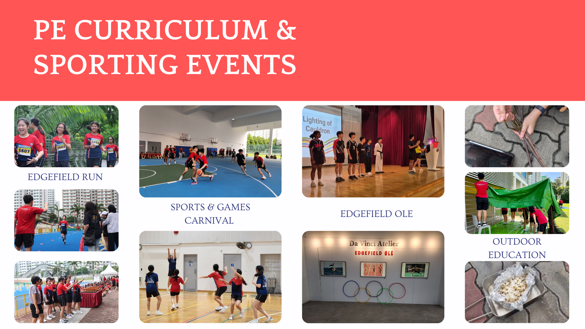 Slide titled PE Curriculum and Sporting Events showing photos of students at runs, carnival games, ceremonies, and outdoor activities.