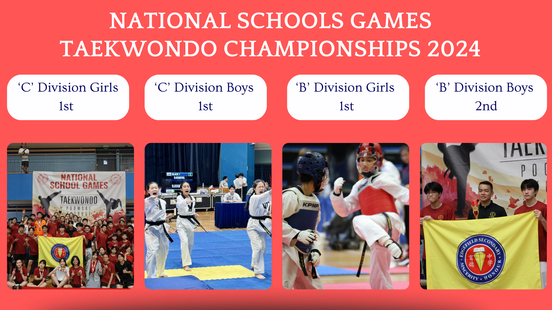 Poster for National Schools Games Taekwondo Championships 2024 showing four division results with competition photos.