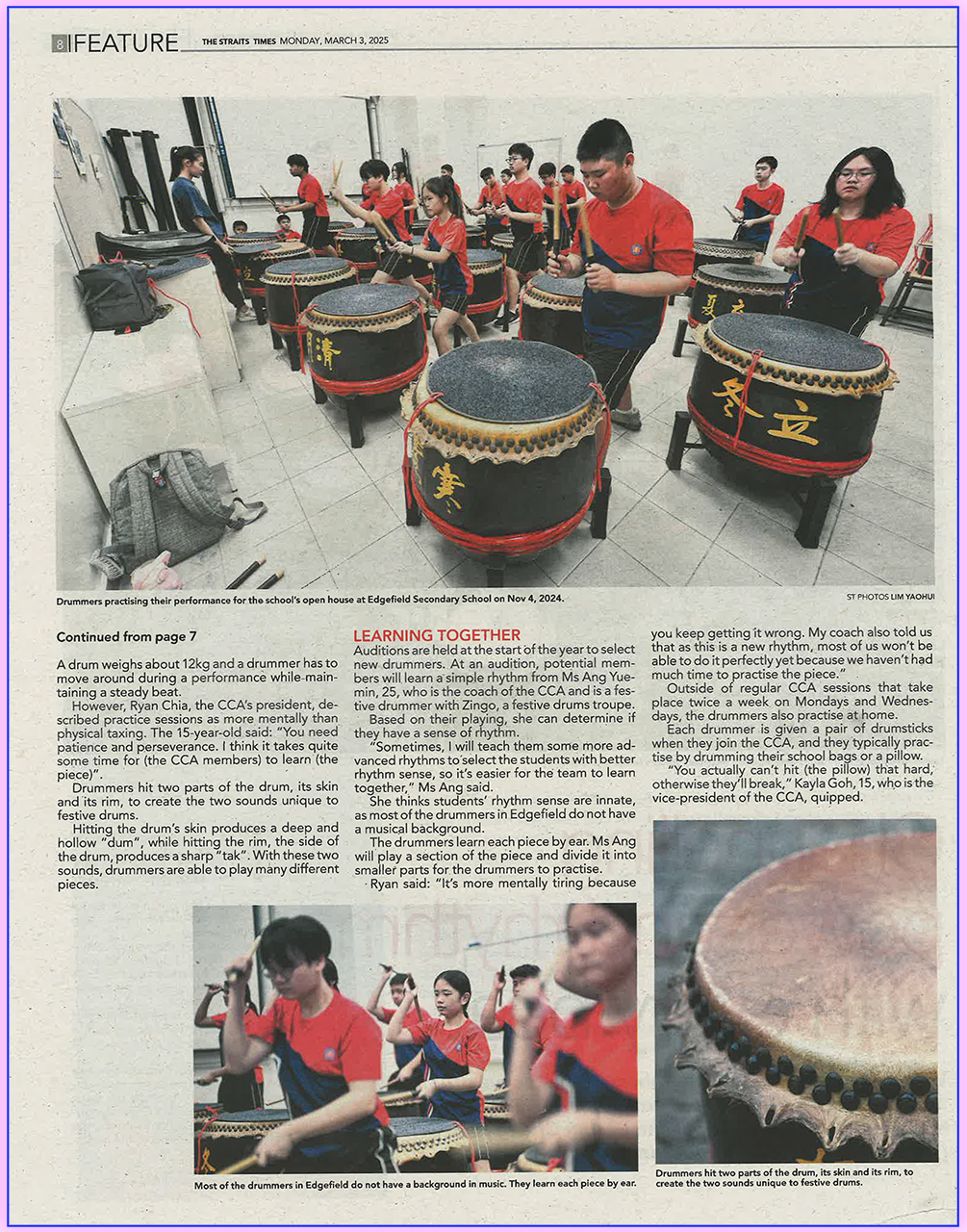 Straits Times feature article showing students in red shirts practicing on large Chinese festive drums at Edgefield Secondary School.