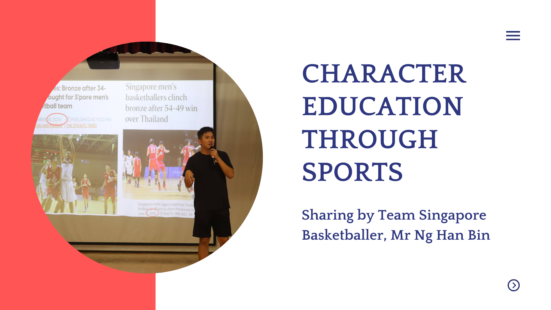 A young man holds a microphone in front of a basketball news slideshow, beside text about Character Education Through Sports.