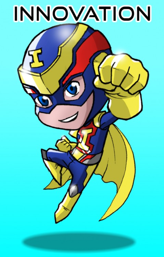 Cartoon chibi superhero in blue, red, and yellow costume with cape, raising a fist, labeled INNOVATION above.
