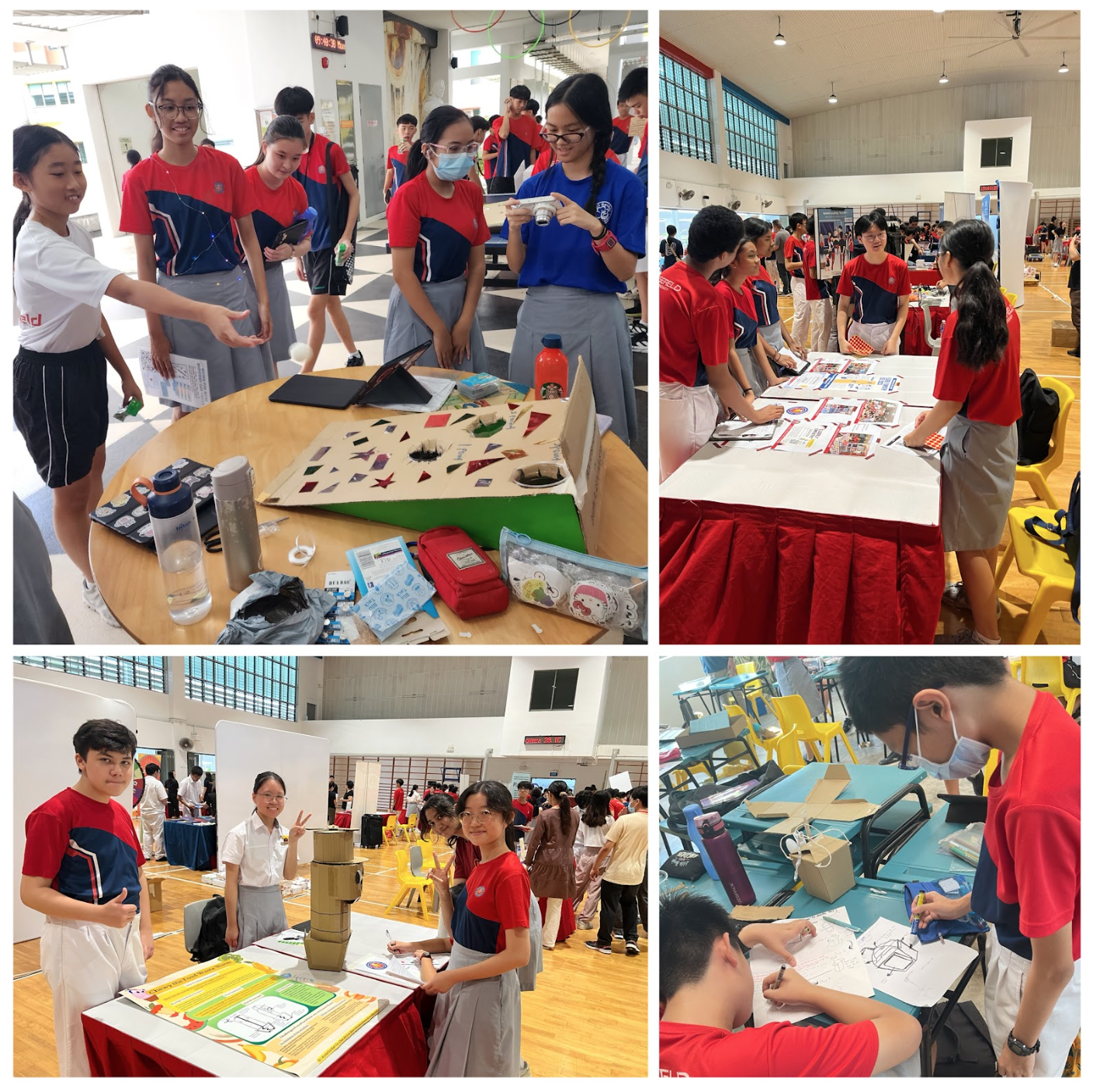 Collage of students in red uniforms at a school fair, showing projects at tables and drawing designs.