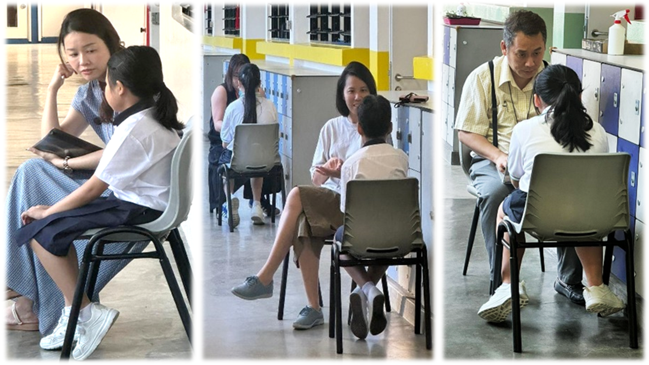 Three photos of adults talking one-on-one with students seated on chairs in a school corridor near lockers.