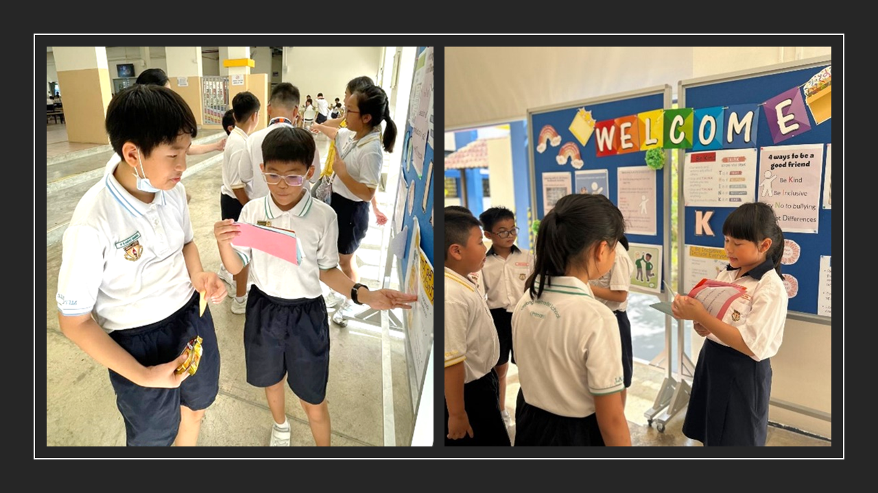 Young students in school uniforms look at display boards, one showing a colorful Welcome sign and friendship tips.