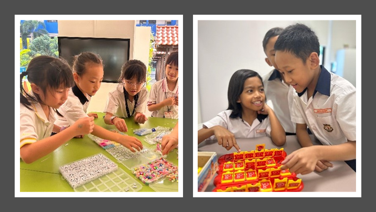 Two photos of school children in uniforms: left shows girls sorting beads, right shows kids playing a red board game.