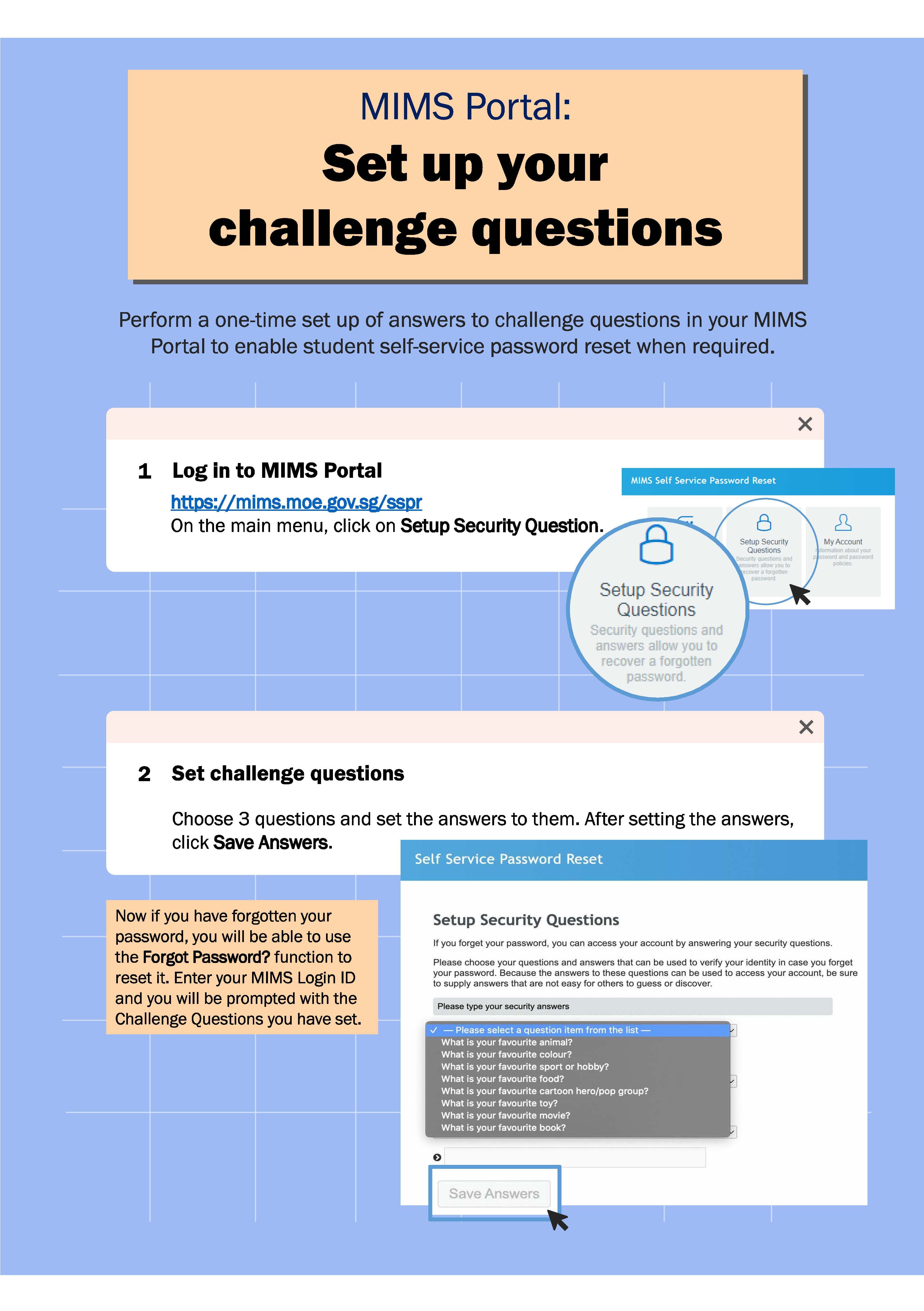 Two-step guide for setting up challenge questions on MIMS Portal for student self-service password reset.