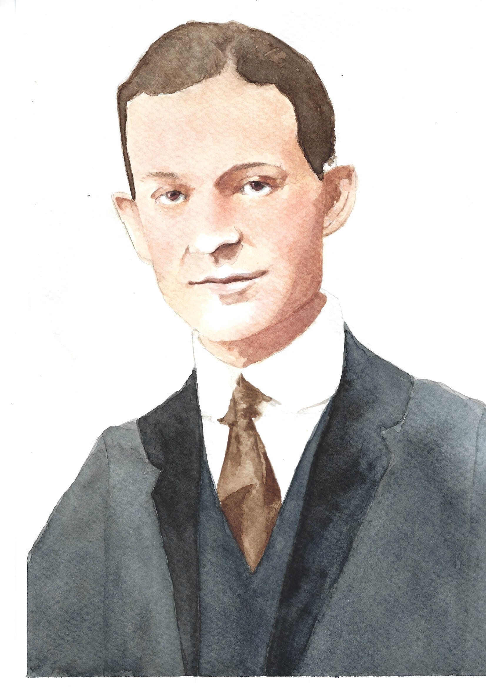Watercolor portrait of a young man with short dark hair, wearing a dark suit and brown tie.