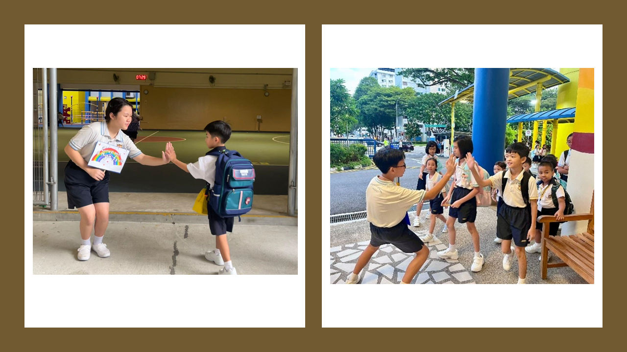 Two school scenes showing children in uniforms giving high-fives to older students outdoors.