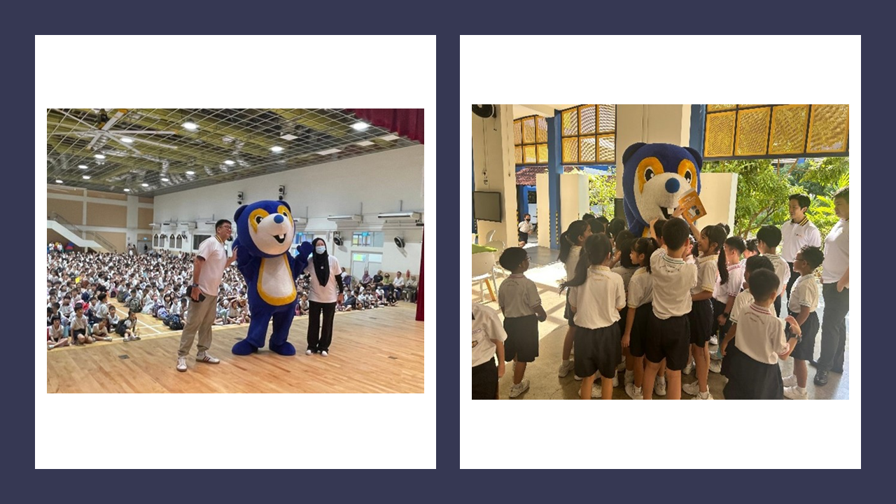 Two school events featuring a blue bear mascot: one on a stage before a large crowd, another surrounded by uniformed children outdoors.