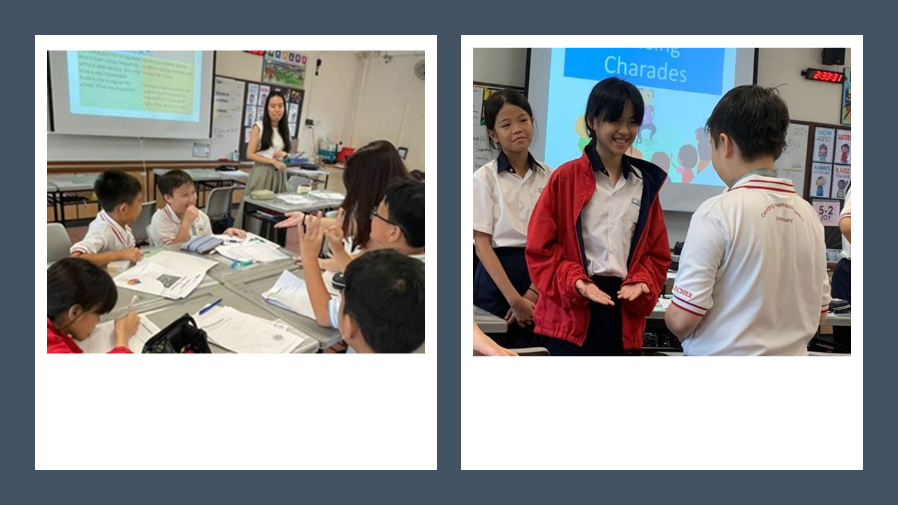 Two classroom scenes: students at a group table with a teacher, and students playing Charades in front of a projector screen.