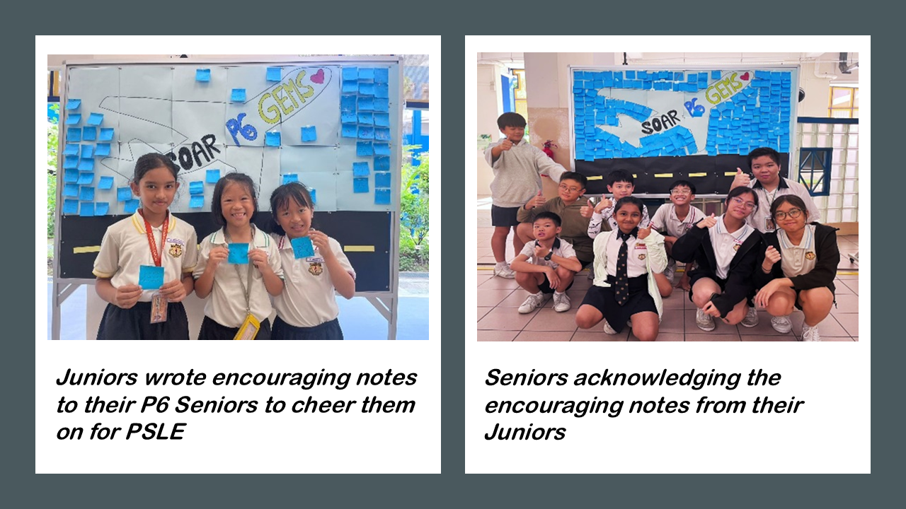 Two groups of school children pose in front of a board covered in blue sticky notes reading "Soar P6 Gems."