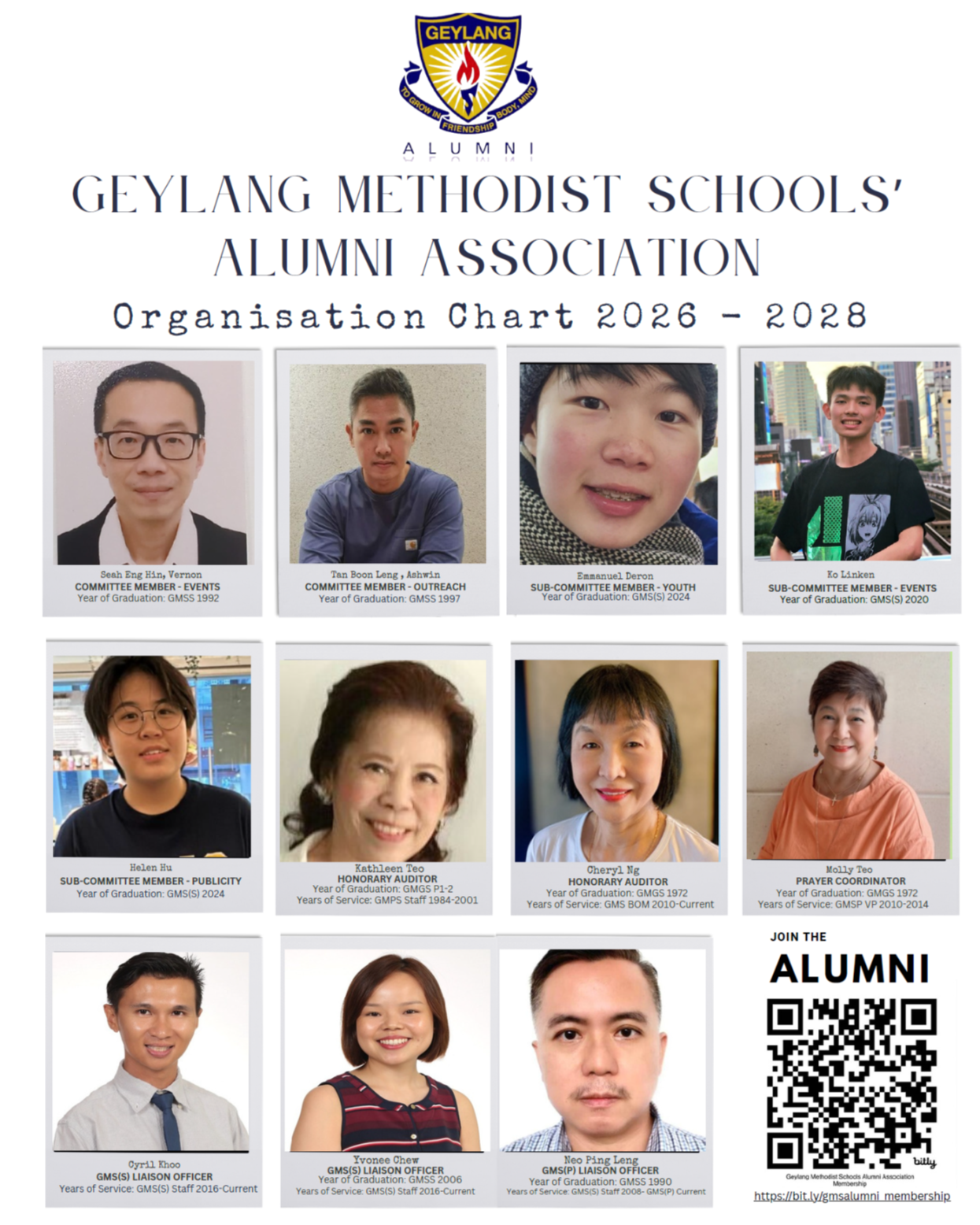 Geylang Methodist Schools Alumni Association Organisation Chart 2026-2028 showing 11 member portraits with names and roles.