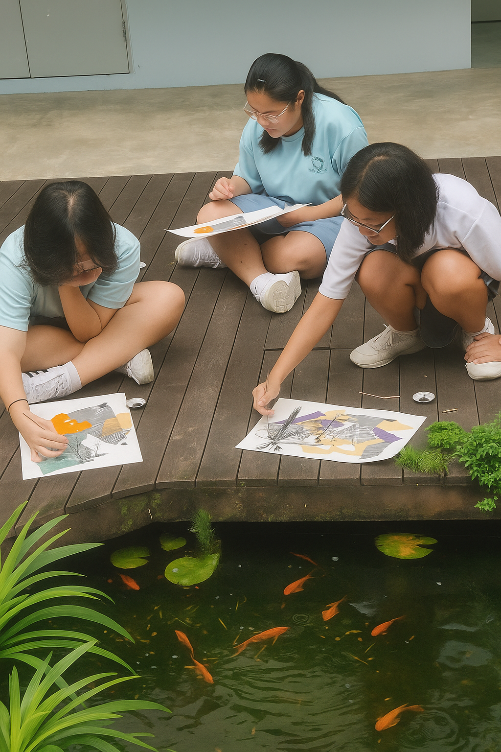 Three girls sit on a wooden deck beside a koi pond, working on colorful artwork papers.