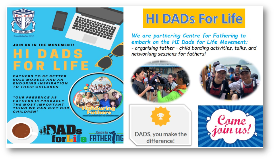 Promotional flyer for HI DADs For Life movement encouraging father-child bonding activities and networking sessions.