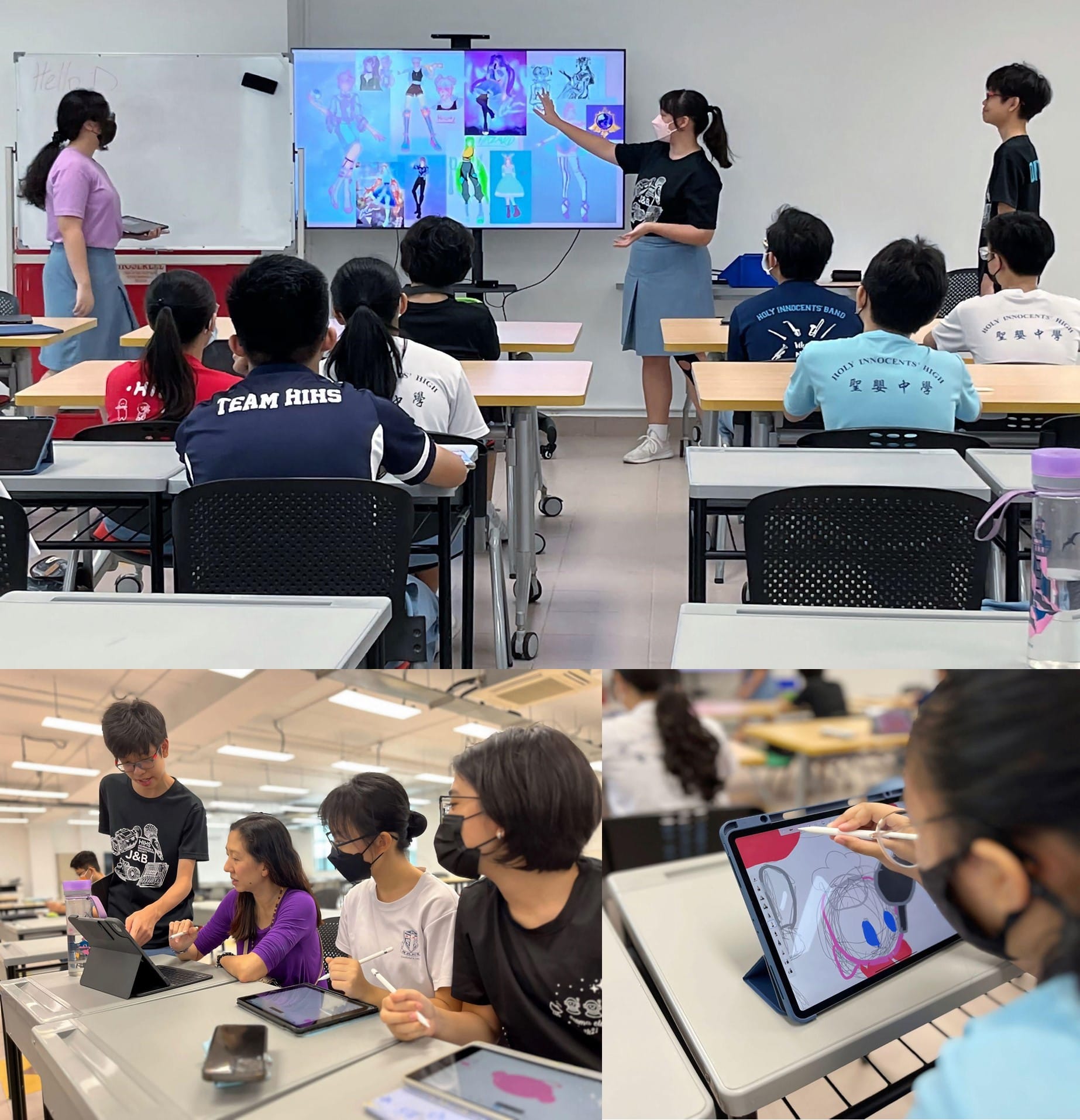 Students in a classroom attend a presentation on anime art, while others draw on tablets with an instructor nearby.