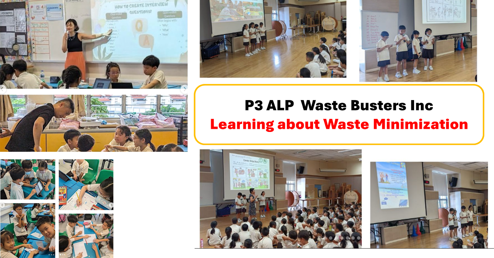 Collage of primary school students in classrooms and a hall learning about waste minimization in a P3 ALP program.