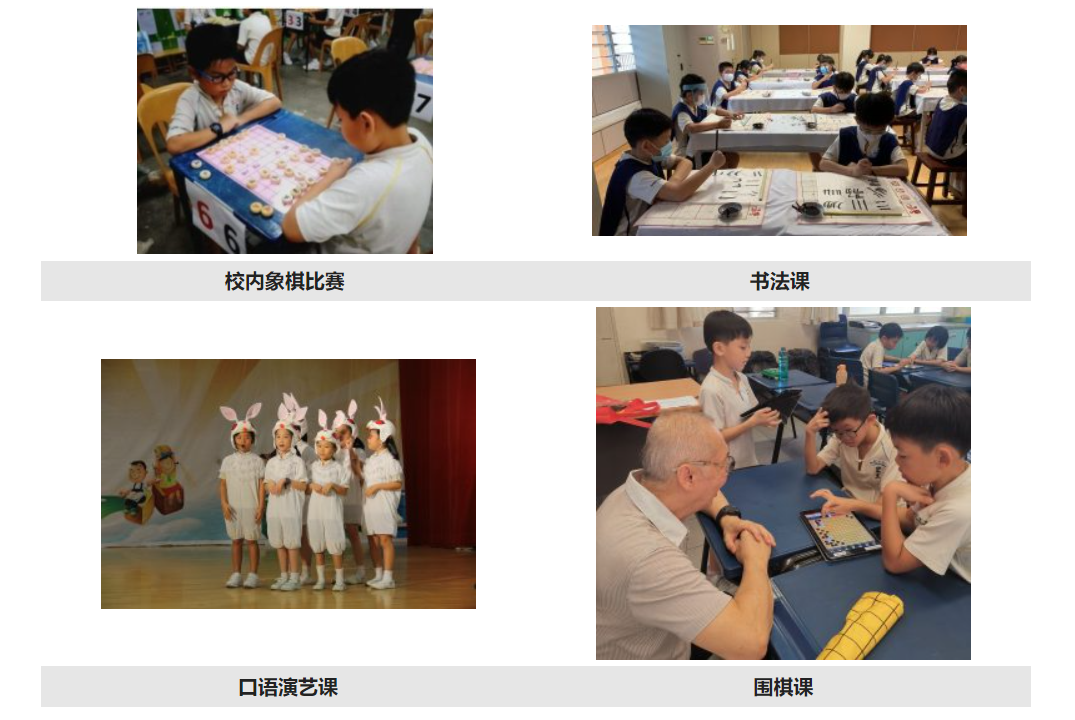 Four school activity scenes: chess match, calligraphy class, children performing in bunny ears, and a Go board game lesson.